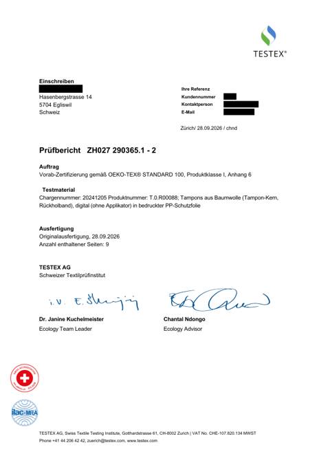 Erste Seite des Prüfberichts ZH027.290365.1